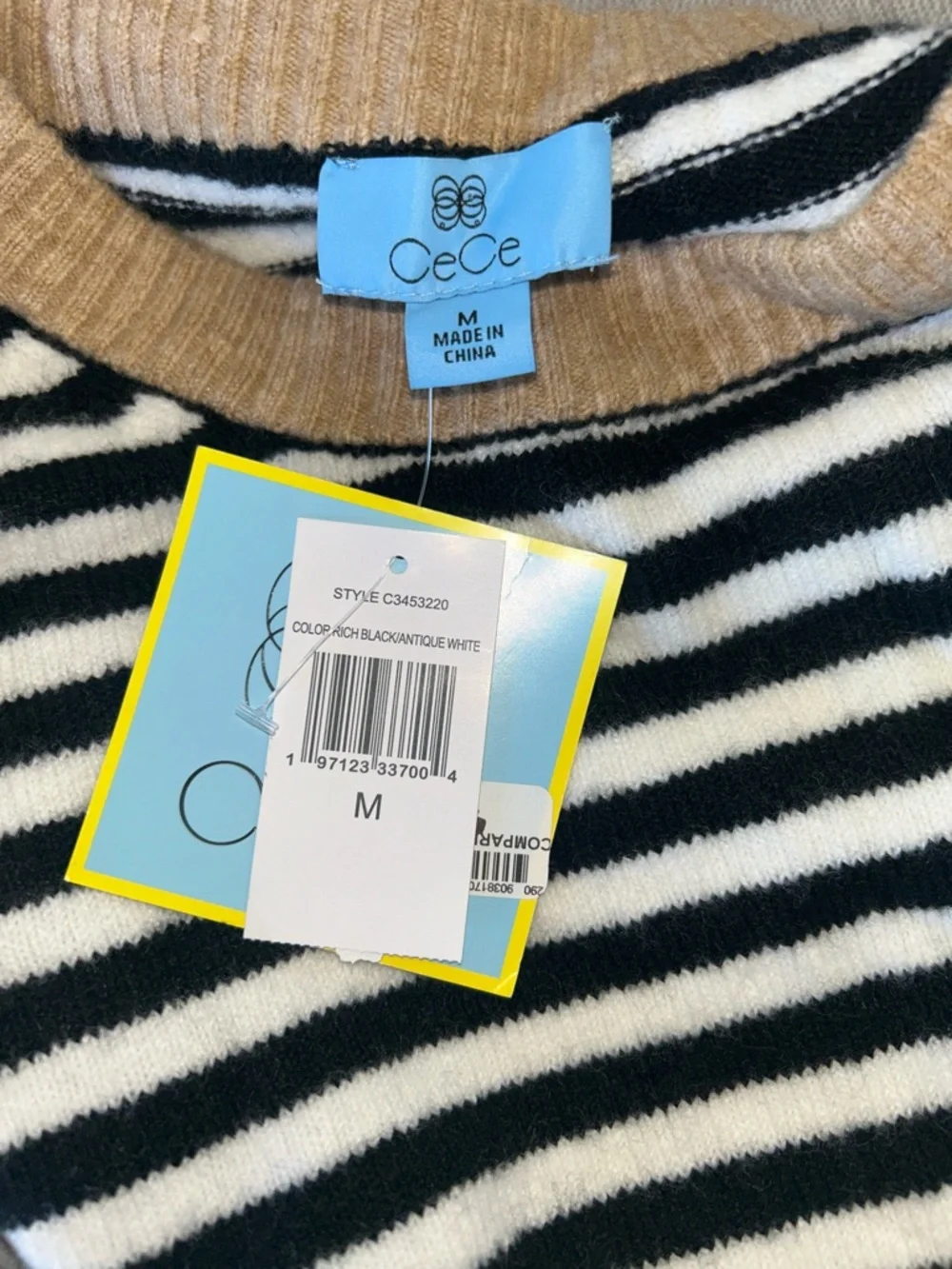 NWT CeCe Striped Black & White Drop-Shoulder Sweater with Taupe Trim - Picture 5 of 5